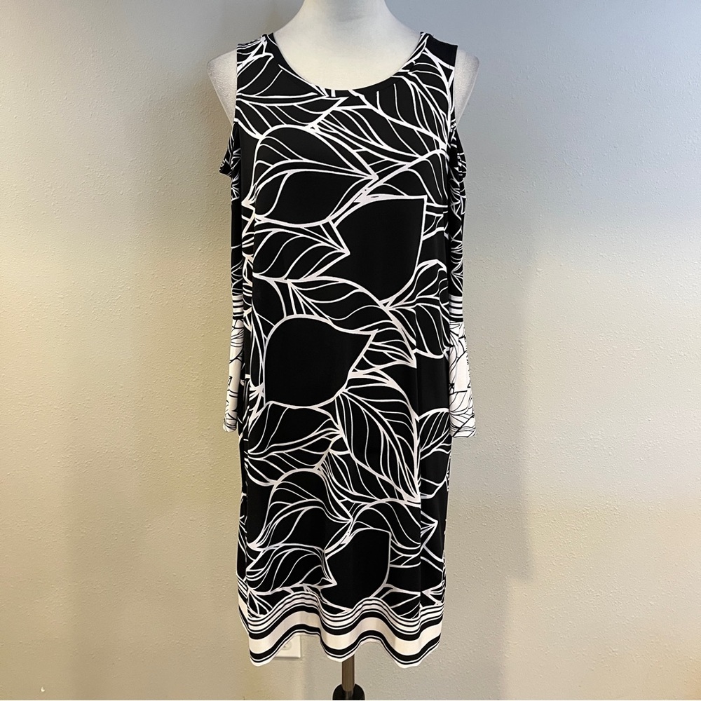 Black and White Leaf Print cold shoulder long sleeves stretchy mini Dress size S